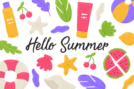 Summer set with lettering and cute beach elements: watermelon, sunscreen, seashell, lifebuoy, cherry, lemon. Hand drawn flat cartoon elements. Vector illustrationのイラスト素材