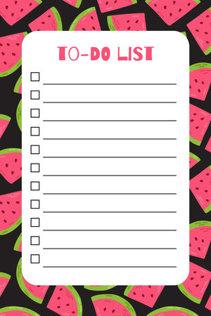 Summer to-do list template with cute sweet watermelon. Hand drawn flat cartoon elements. Vector illustrationのイラスト素材