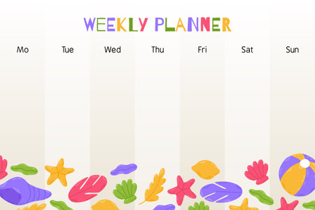 Summer weekly planner template with beach elements: watermelon, sunscreen, flip flops, seashell, lifebuoy, hat, cocktail, lemon. Hand drawn flat cartoon template. Vector illustrationのイラスト素材