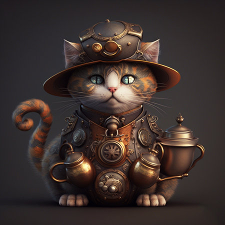 Realistic cat with hat on head and gold cup of tea in steampunk styleの素材