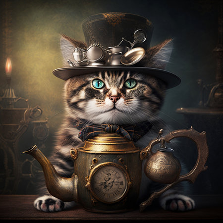 Realistic cat with hat on head and gold cup of tea in steampunk styleの素材