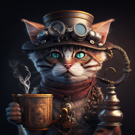 Realistic cat with hat on head and gold cup of tea in steampunk styleの素材