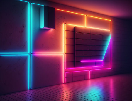 Dark scene with neon frame, line, circle, shape. Futuristic dark neon background.の素材