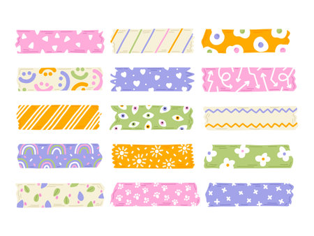 Trendy set of cute colorful washi duct tape isolated on a white background. Vector stripes and pieces of duct paper, scotch with different funny print. Bright colorsのイラスト素材