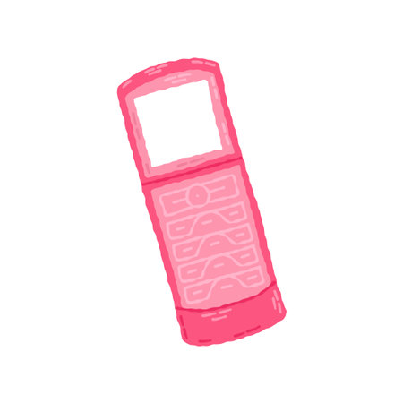 Old pink clamshell style flip phone cellphone 00s, 2000s. Hand drawn flat cartoon element. Vector illustrationのイラスト素材