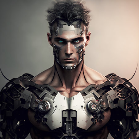 Man face robot in realistic style. Abstract modern digital portrait. Information technology. Digital cyberspace. Future futuristic technology.の素材