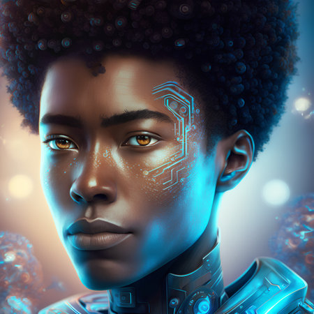 Man face dark-skinned robot in realistic style. Abstract modern digital portrait. Information technology. Digital cyberspace. Future futuristic technology.の素材