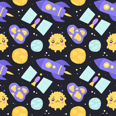 Baby cute seamless pattern with space elements on dark background. Hand drawn flat cartoon style. Vector illustrationのイラスト素材