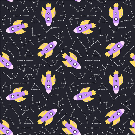 Baby cute seamless pattern with space elements on dark background. Hand drawn flat cartoon style. Vector illustrationのイラスト素材