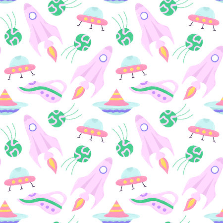 Baby cute seamless pattern with space elements on white background. Hand drawn flat cartoon style....