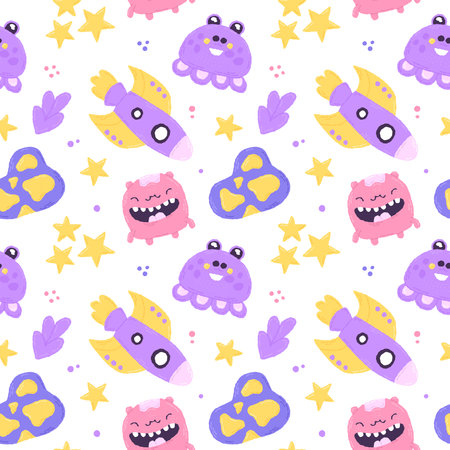 Baby cute seamless pattern with space elements on white background. Hand drawn flat cartoon style. Vector illustrationのイラスト素材