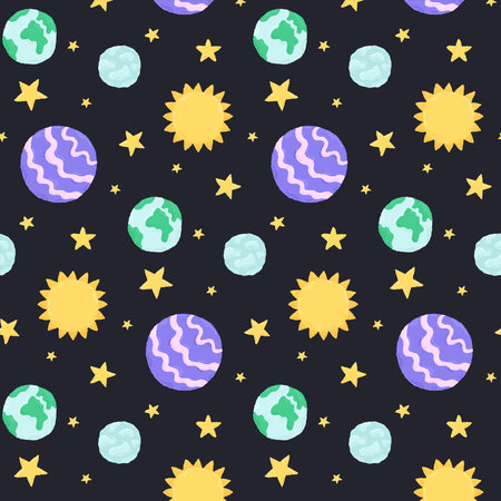 Baby cute seamless pattern with space elements on dark background. Hand drawn flat cartoon style. Vector illustrationのイラスト素材