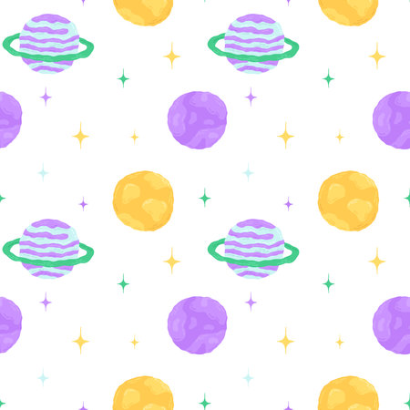 Baby cute seamless pattern with space elements on white background. Hand drawn flat cartoon style. Vector illustrationのイラスト素材