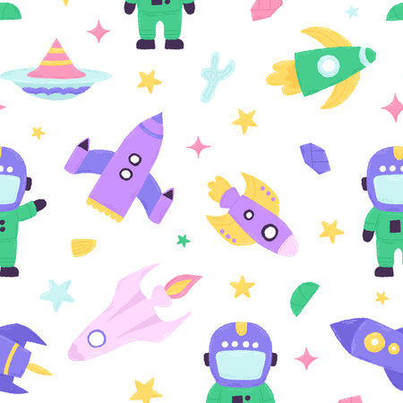 Baby cute seamless pattern with space elements on white background. Hand drawn flat cartoon style. Vector illustrationのイラスト素材