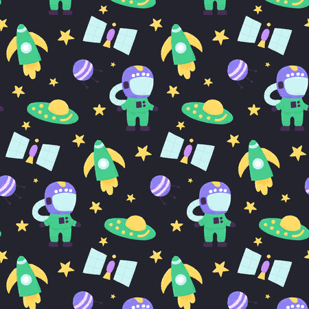 Baby cute seamless pattern with space elements on dark background. Hand drawn flat cartoon style. Vector illustrationのイラスト素材