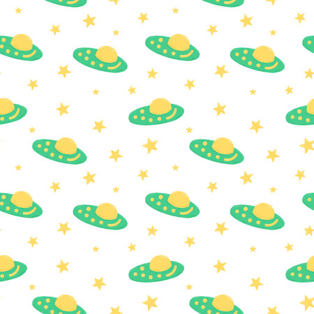 Baby cute seamless pattern with space elements on white background. Hand drawn flat cartoon style. Vector illustrationのイラスト素材