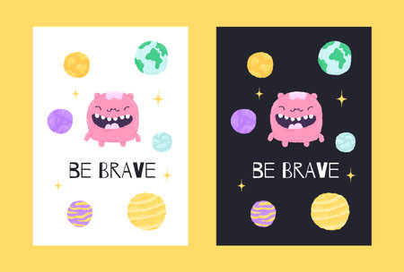 Space poster with cute monsters in the cartoon hand drawn style with quote letternig. Vector illustrationのイラスト素材
