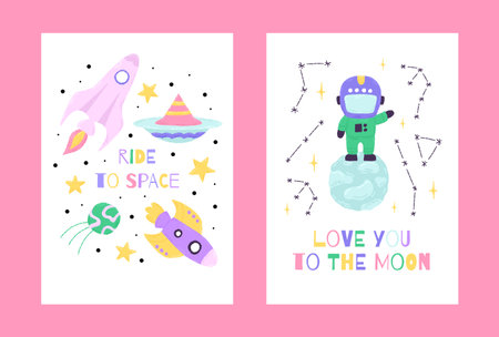 Space poster with cute characters in the cartoon hand drawn style with quote letternig. Vector illustrationのイラスト素材