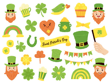 Festive set for St. Patricks Day: clover, ireland, shamrock, beer, flag, leprechaun, gnome. Hand drawn flat cartoon elements. Vector illustrationのイラスト素材