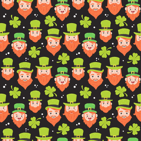 Festive pattern for St. Patricks Day with cute elf and clover. Hand drawn flat cartoon elements. Vector illustrationのイラスト素材