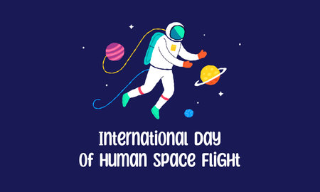 12 April International Day of Human Space Flight. Galaxy poster with lettering and cosmonaut. Hand drawn flat cartoon elements. Vector illustrationのイラスト素材