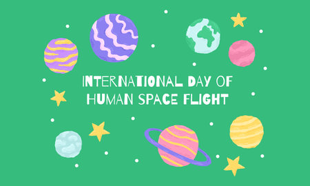 12 April International Day of Human Space Flight. Galaxy poster with lettering and planets. Hand drawn flat cartoon elements. Vector illustrationのイラスト素材