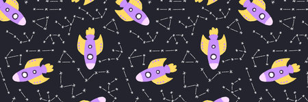 Baby cute seamless pattern with space elements on dark background. Hand drawn flat cartoon style. Vector illustrationのイラスト素材