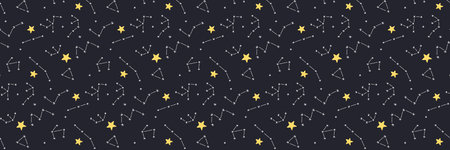 Baby cute seamless pattern with space elements on dark background. Hand drawn flat cartoon style....