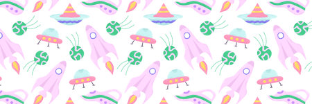 Baby cute seamless pattern with space elements on white background. Hand drawn flat cartoon style. Vector illustrationのイラスト素材