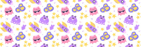 Baby cute seamless pattern with space elements on white background. Hand drawn flat cartoon style. Vector illustrationのイラスト素材