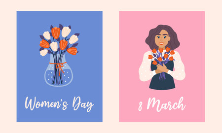 March 8 Postcard Set. World Womens Day. Hand drawn flat cartoon elements. Vector illustrationのイラスト素材