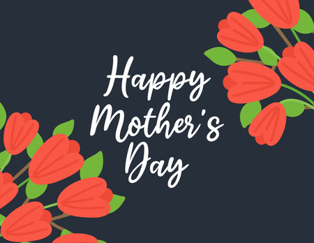 World Mothers Day card with red tulips. Hand drawn flat cartoon elements. Vector illustrationのイラスト素材