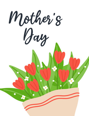 International Mothers Day Card with red tulips. Hand drawn flat cartoon element. Vector illustrationのイラスト素材