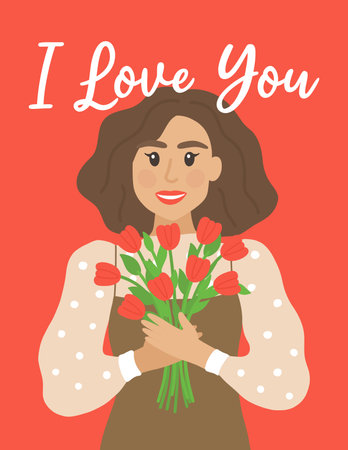 World Mothers Day Card with Girl and Bouquet. Hand drawn flat cartoon element. Vector illustrationのイラスト素材