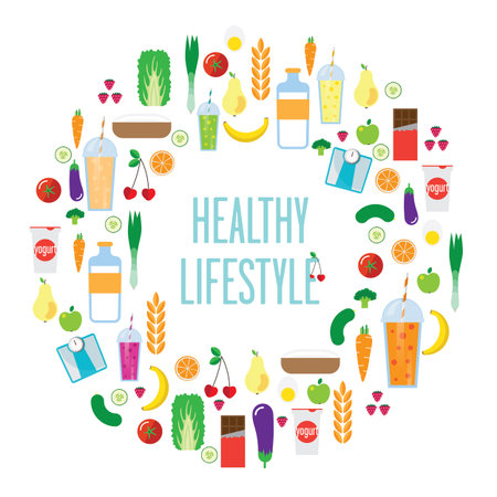 The circular composition, a healthy diet. Food, drinks arranged in a circle, the center has the inscription "healthy lifestyle"のイラスト素材