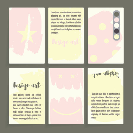 A set of cards with art design. Six different in decor cards in one color. Background white. Cards with shadow.のイラスト素材