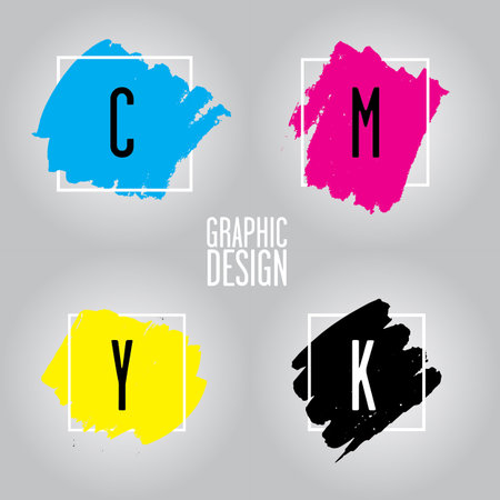 Four abstract backgrounds with CMYK spots and a white frame. Many small splashes of ink. Vector illustration. Gray background.のイラスト素材