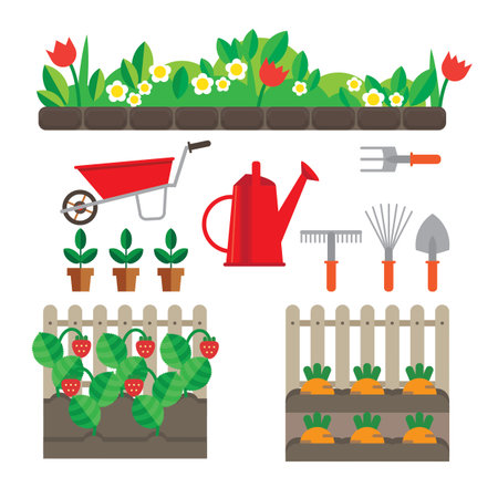 Set of stylized plots oyewumi and berries. Also have garden tools.のイラスト素材