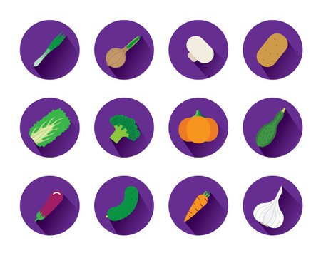 Icons with vegetables. There cabbage, pumpkin, cucumber, tomato, peppers, zucchini, mushrooms.のイラスト素材