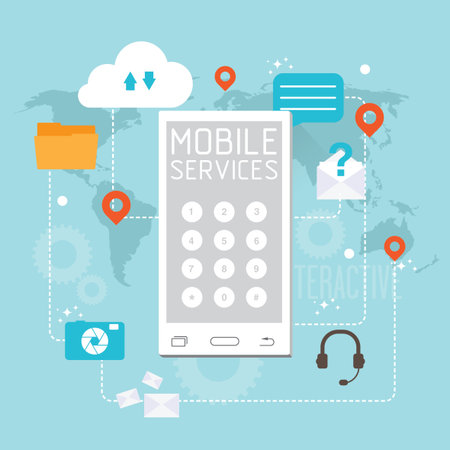 illustration of mobile services. It contains card cloud communication, signs and more.のイラスト素材