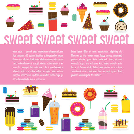 Template with sweets and text. It contains sweets, ice cream, donut, cake, macaroon, jam.のイラスト素材
