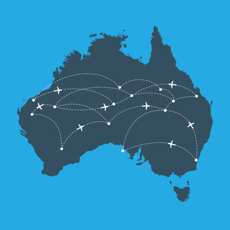 Vector map of the australia. Australia map with the trajectories of aircraft.のイラスト素材