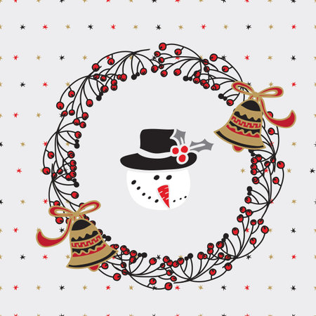 Wreath of twigs. Christmas wreath of twigs, berries, bells. It contains in the center of the wreath snowman hat.のイラスト素材