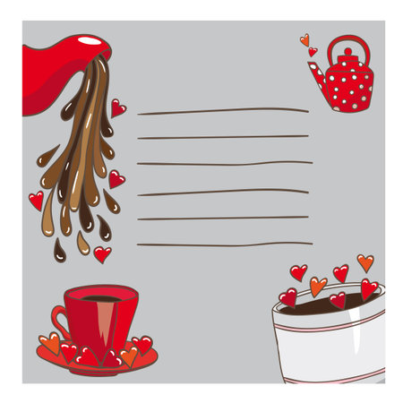 Form records. Decorated cups, tea, beverage jet and hearts. Hand drawing. There are lines for notes. Background gray.のイラスト素材