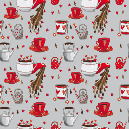 Seamless pattern with teapot and cups. Cups and teapots all shapes and sizes, different design. Background gray.のイラスト素材