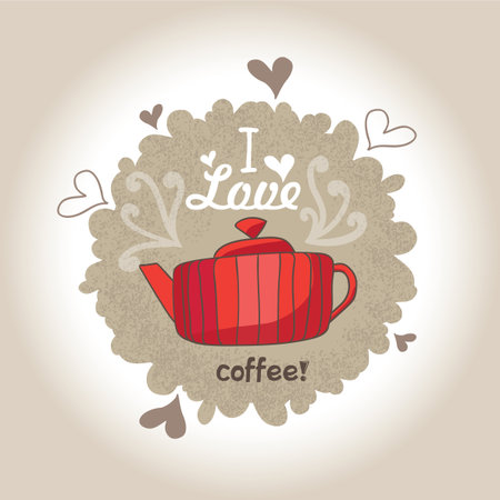 Poster pot of coffee with an inscription. Red mug with brown beverage, and the inscription: "I love coffee!". Textur? background.のイラスト素材