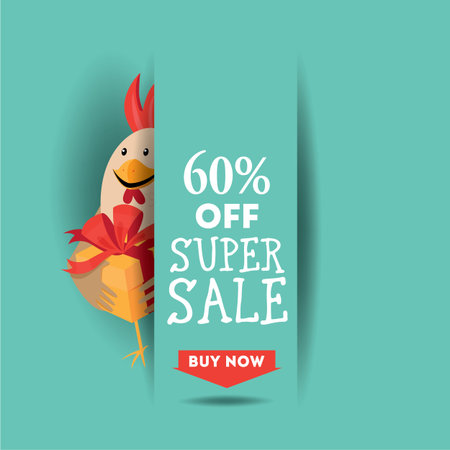 Funny card with a rooster in cartoon style.のイラスト素材