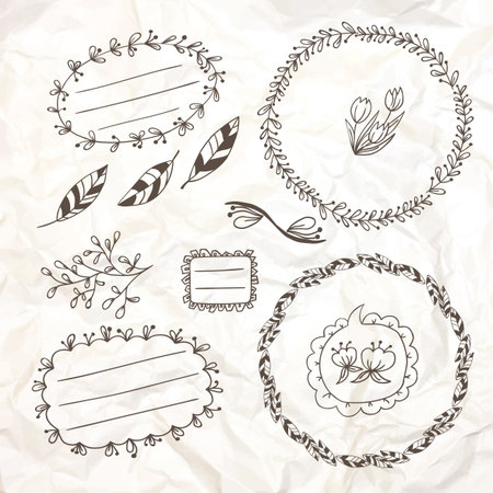 Set design. Branches,  plant elements for decoration. background crumpled paper.のイラスト素材