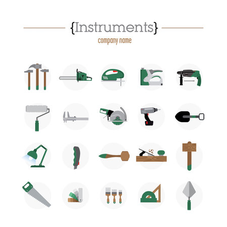 Twenty different icons. Contain a hammer, a saw, a hammer, a spade. The instruments are arranged on a light-gray circles.のイラスト素材