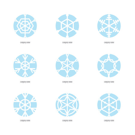 Nine different circular logos snowflakes. White background, blue circles.のイラスト素材